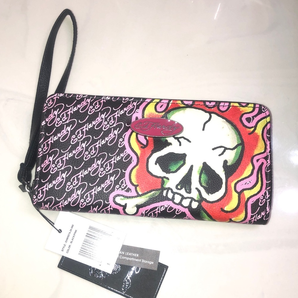 Ed Hardy Black & Pink Flaming Skull & Ed Hardy Logo Print ZA Wallet NWT